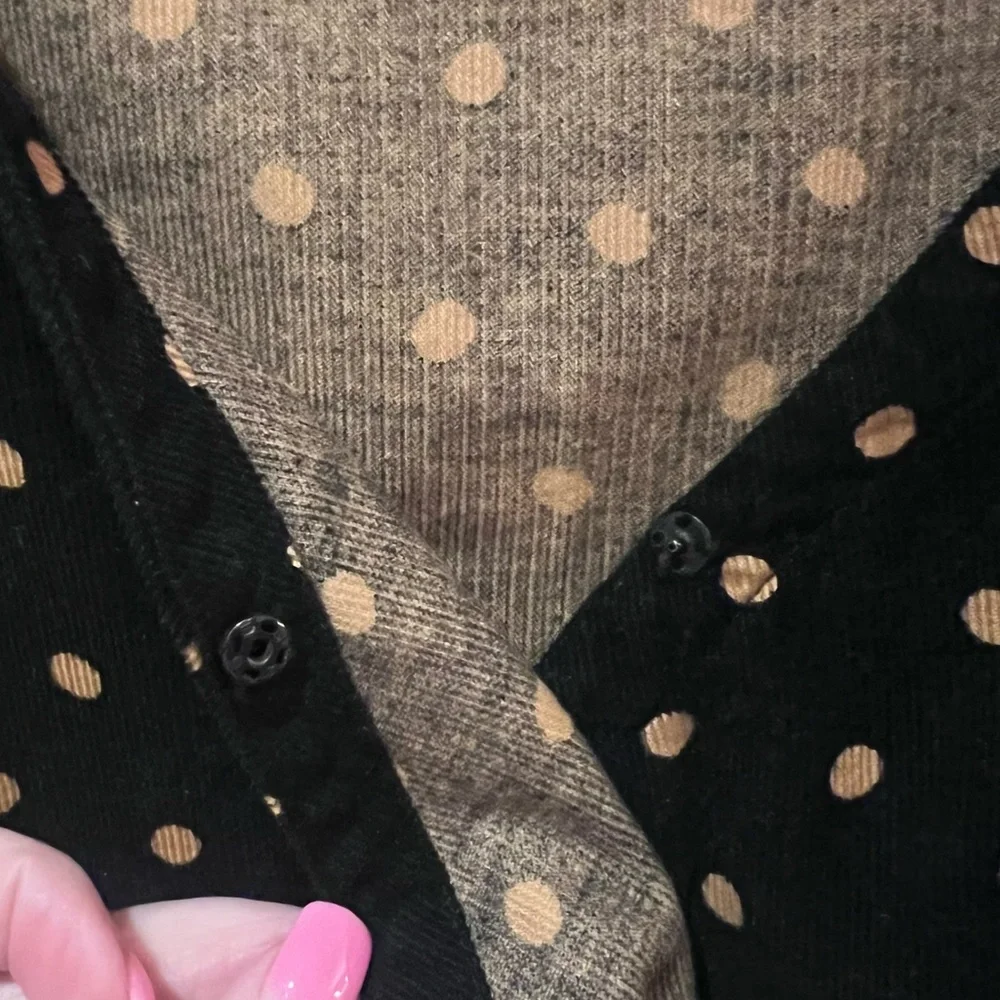 Madewell Corduroy Puff-Sleeve Button Wrap Top Black in‎ Tan Oval Dot Size XS